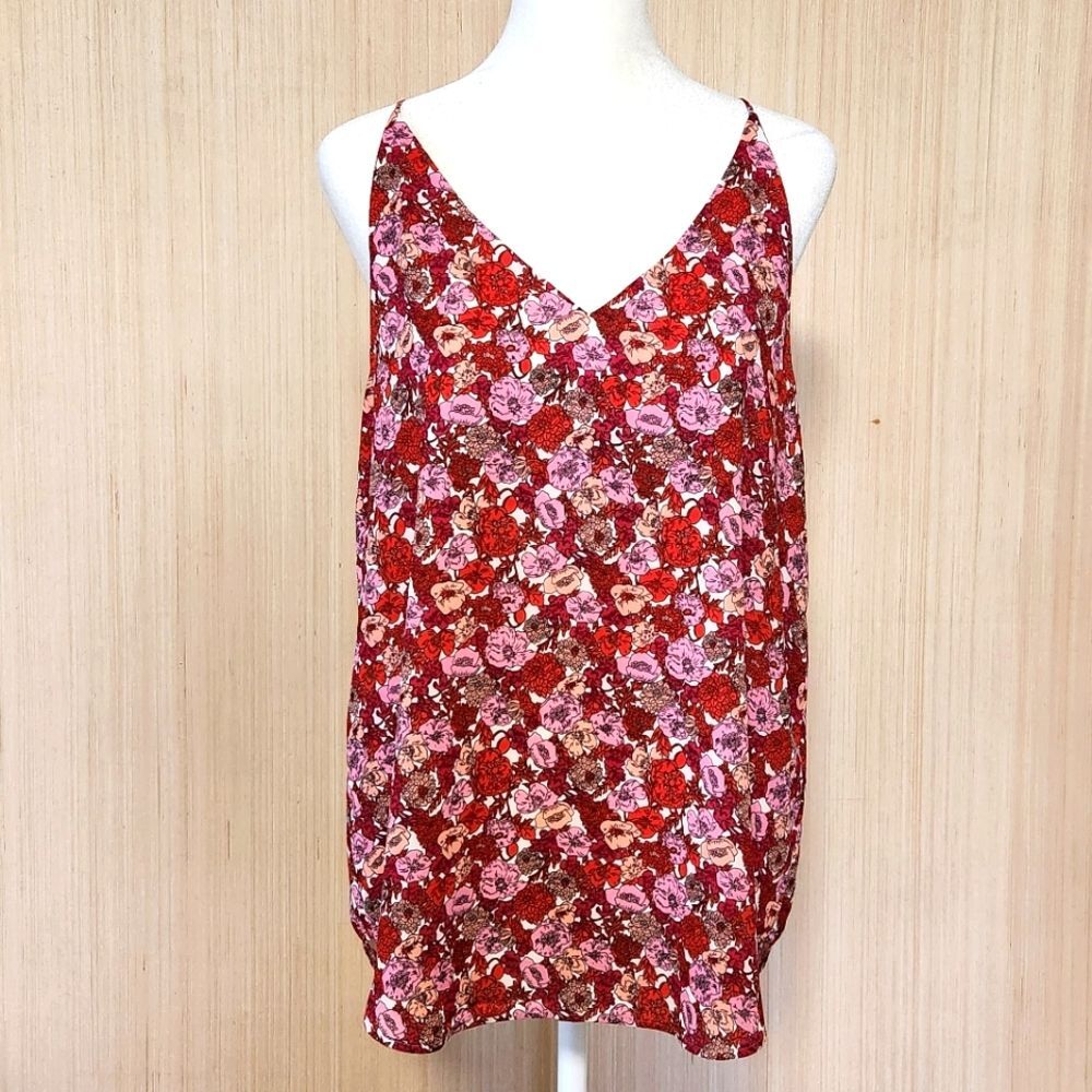 Loft Outlet Red Pink Floral Chiffon V-Neck Camisole Tank Women's Small Coquette